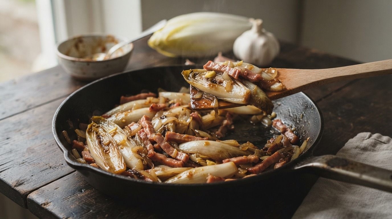 Roerbak Witlof met ham, ui en Knoflook recept Roerbak Witlof met ham, ui en Knoflook recept