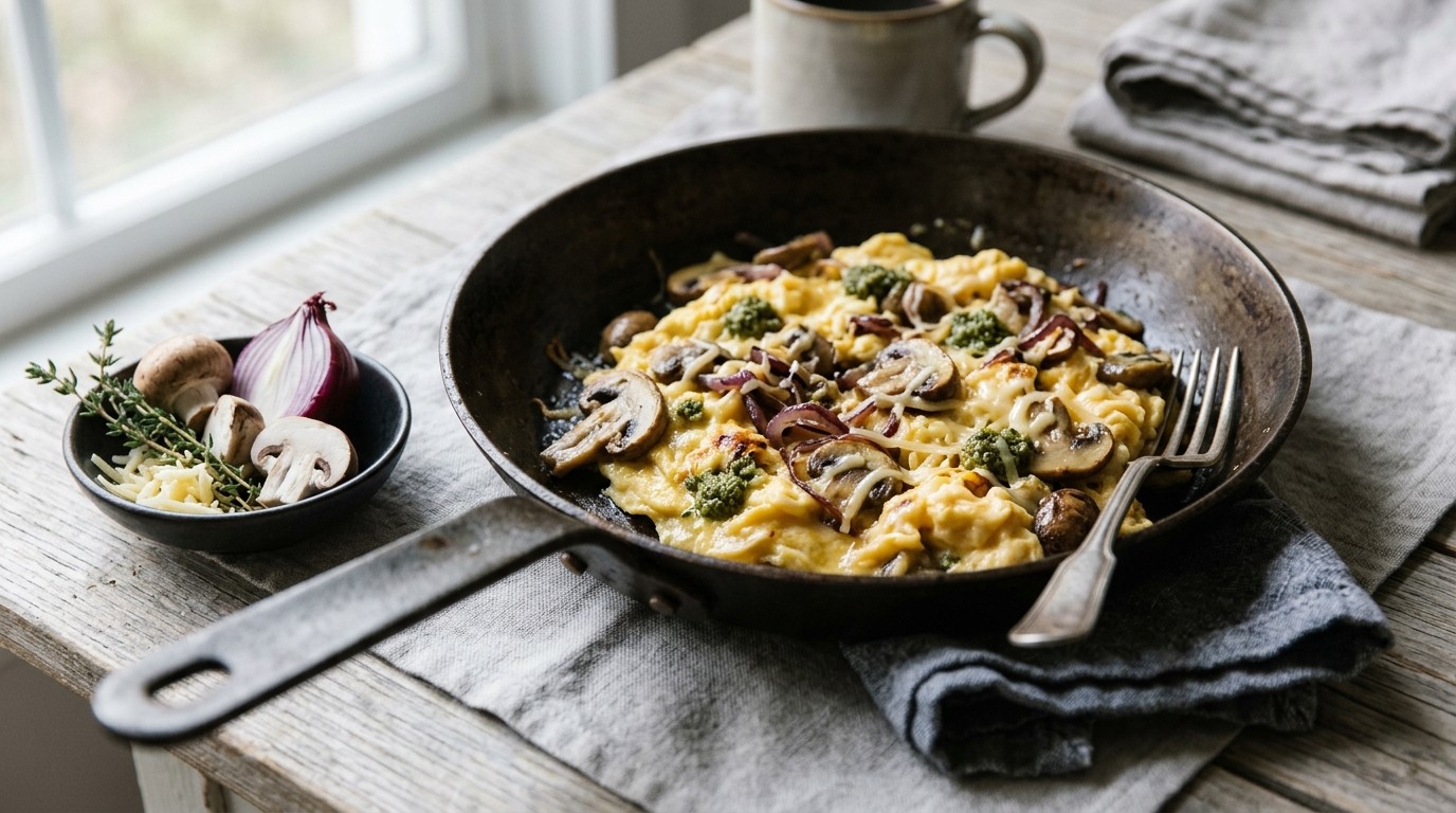 Roerei met Champignons, Kruiden en Kaas