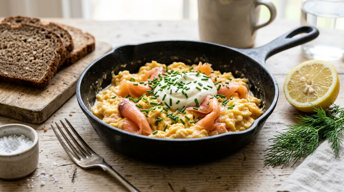 Roerei met Gerookte Zalm, Bieslook en Creme Fraiche