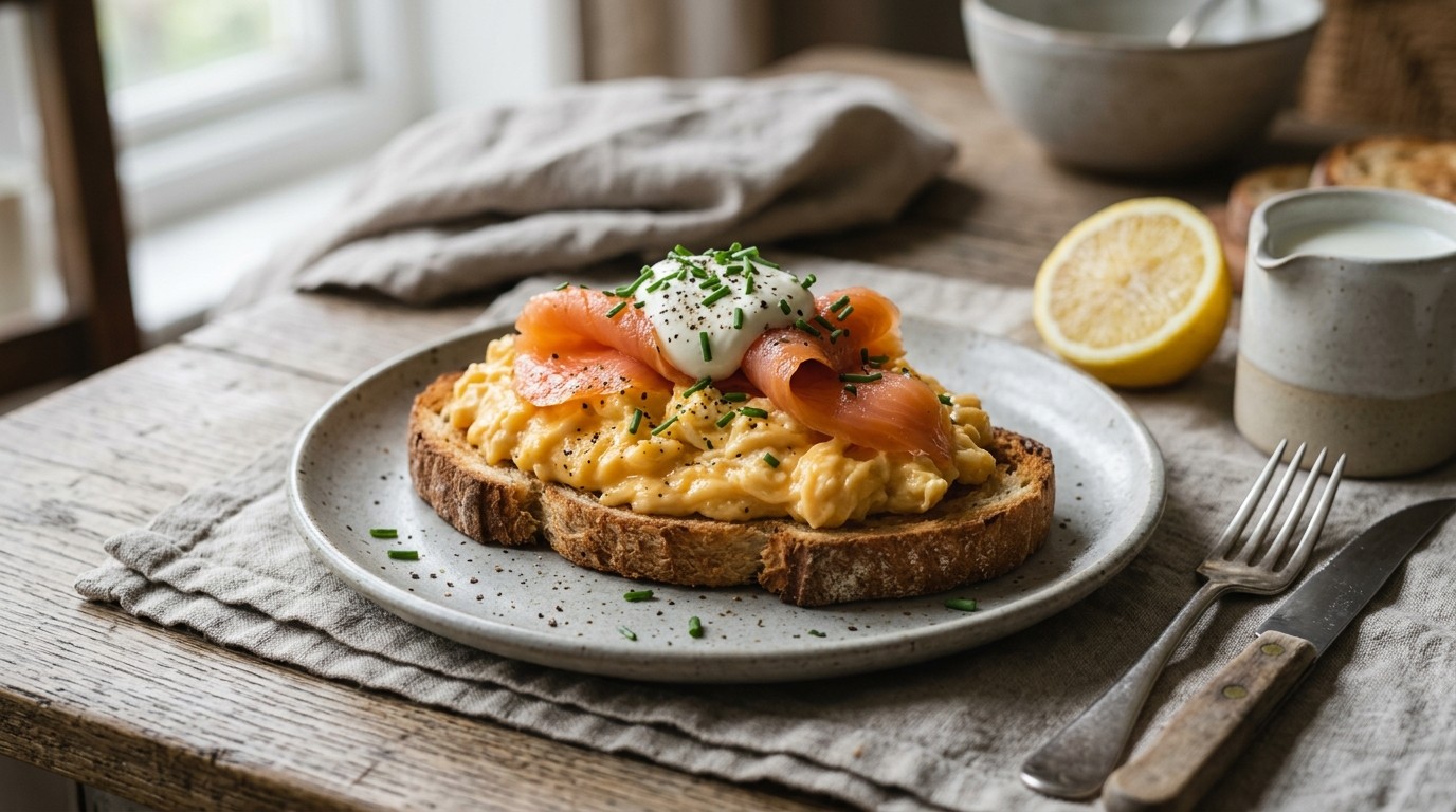 Roerei met Gerookte Zalm, Bieslook en Creme Fraiche