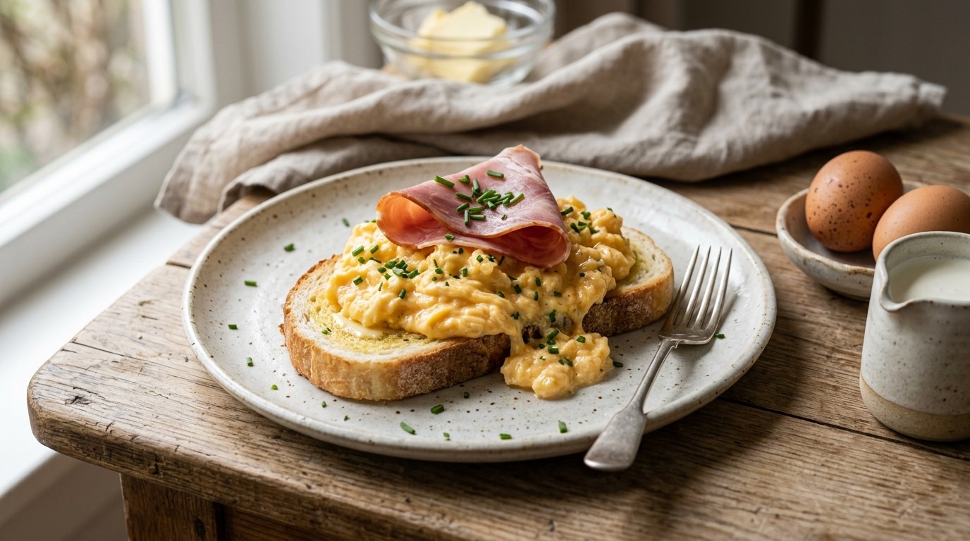 Roerei met Hamtoast en Bieslook