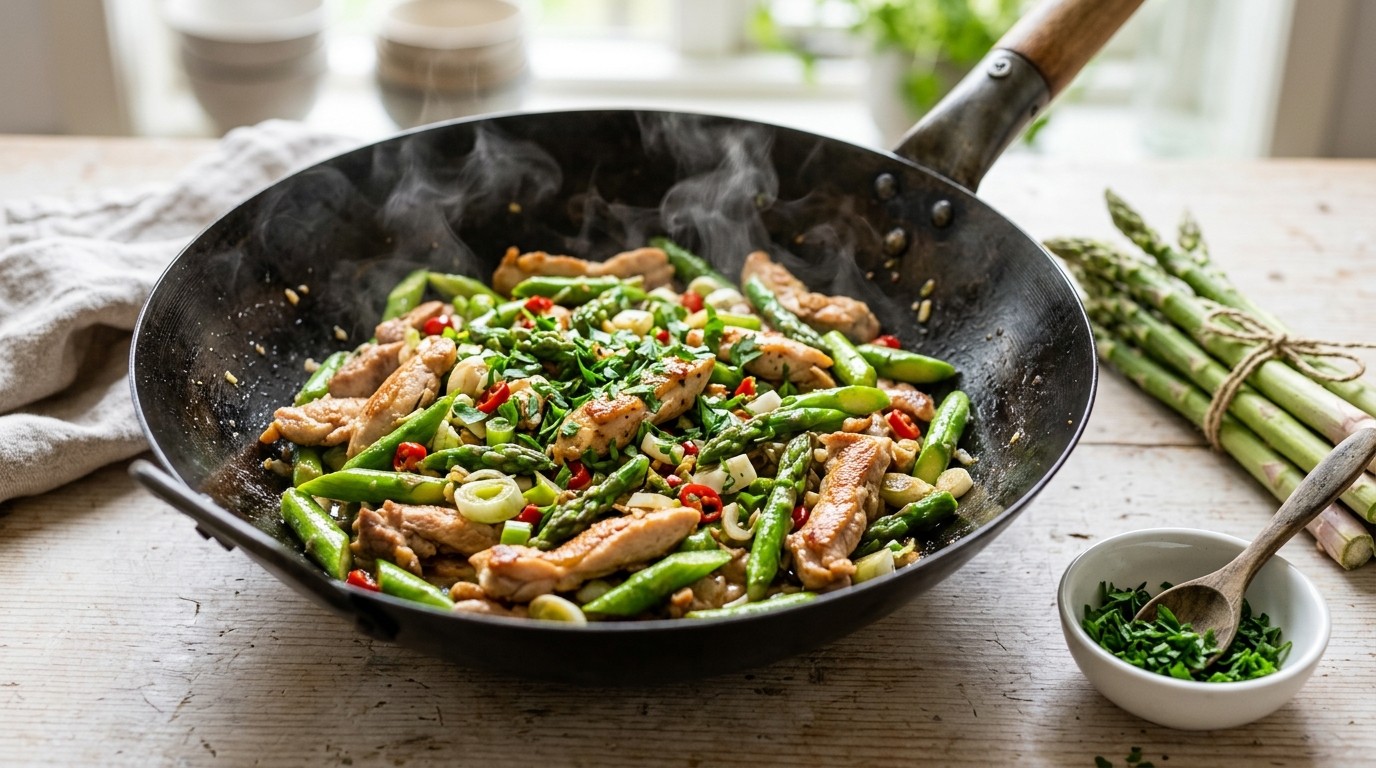 Roergebakken Asperges met kip