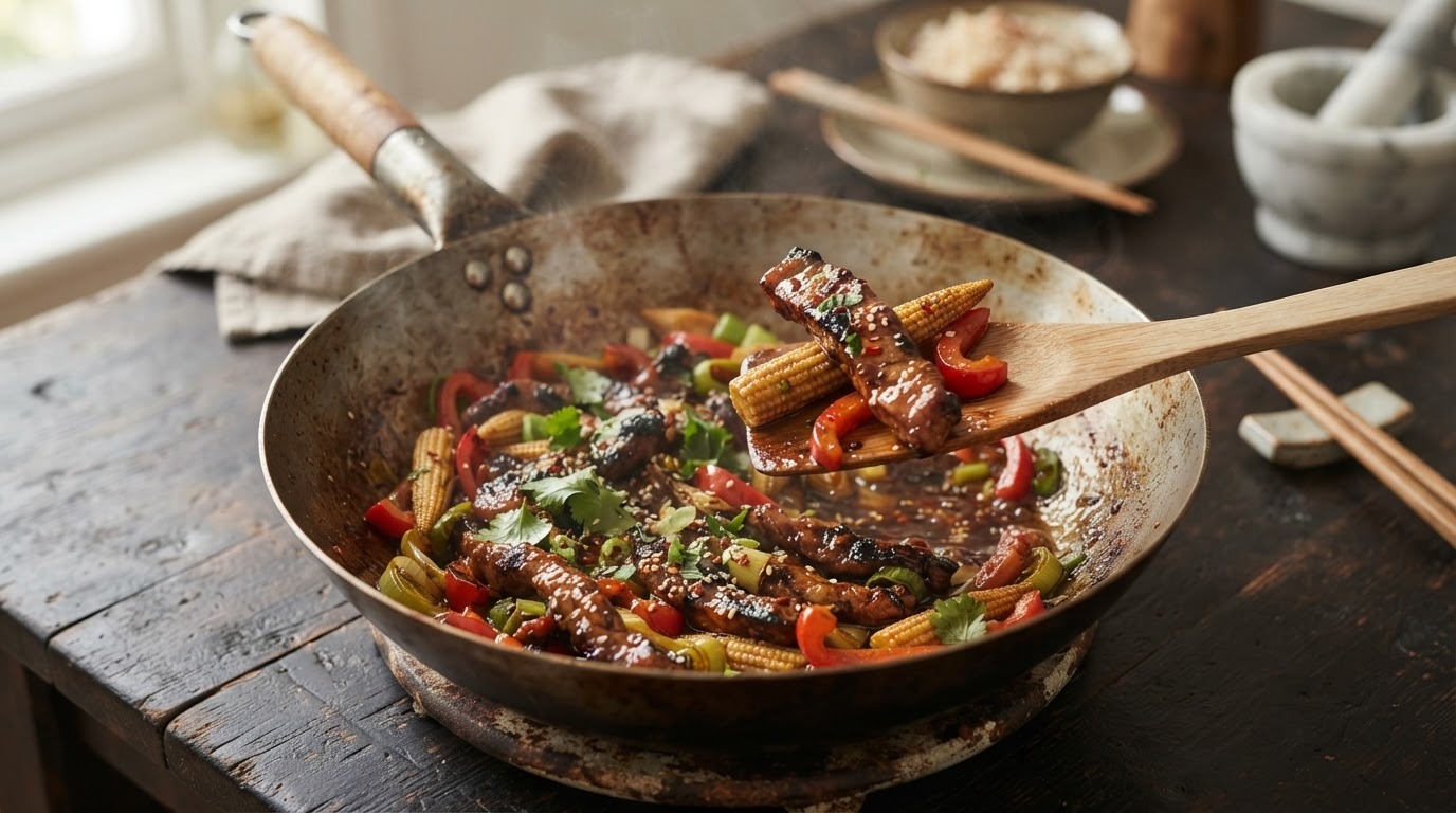 Roergebakken Babi Pangang met Paprika en Mini Mais recept Roergebakken Babi Pangang met Paprika en Mini Mais recept