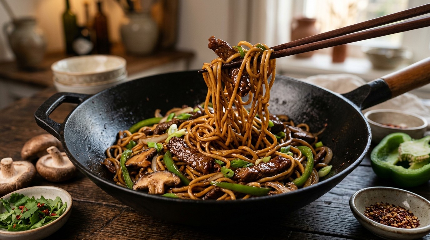 Roergebakken mie met Shii-take en Ketjapreepjes