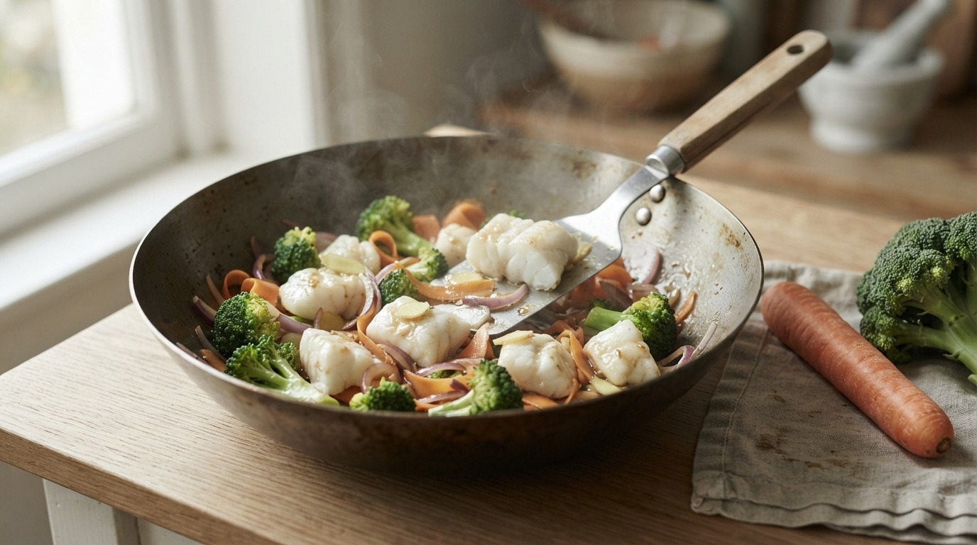 Roergebakken vis met Wortel en Broccoli