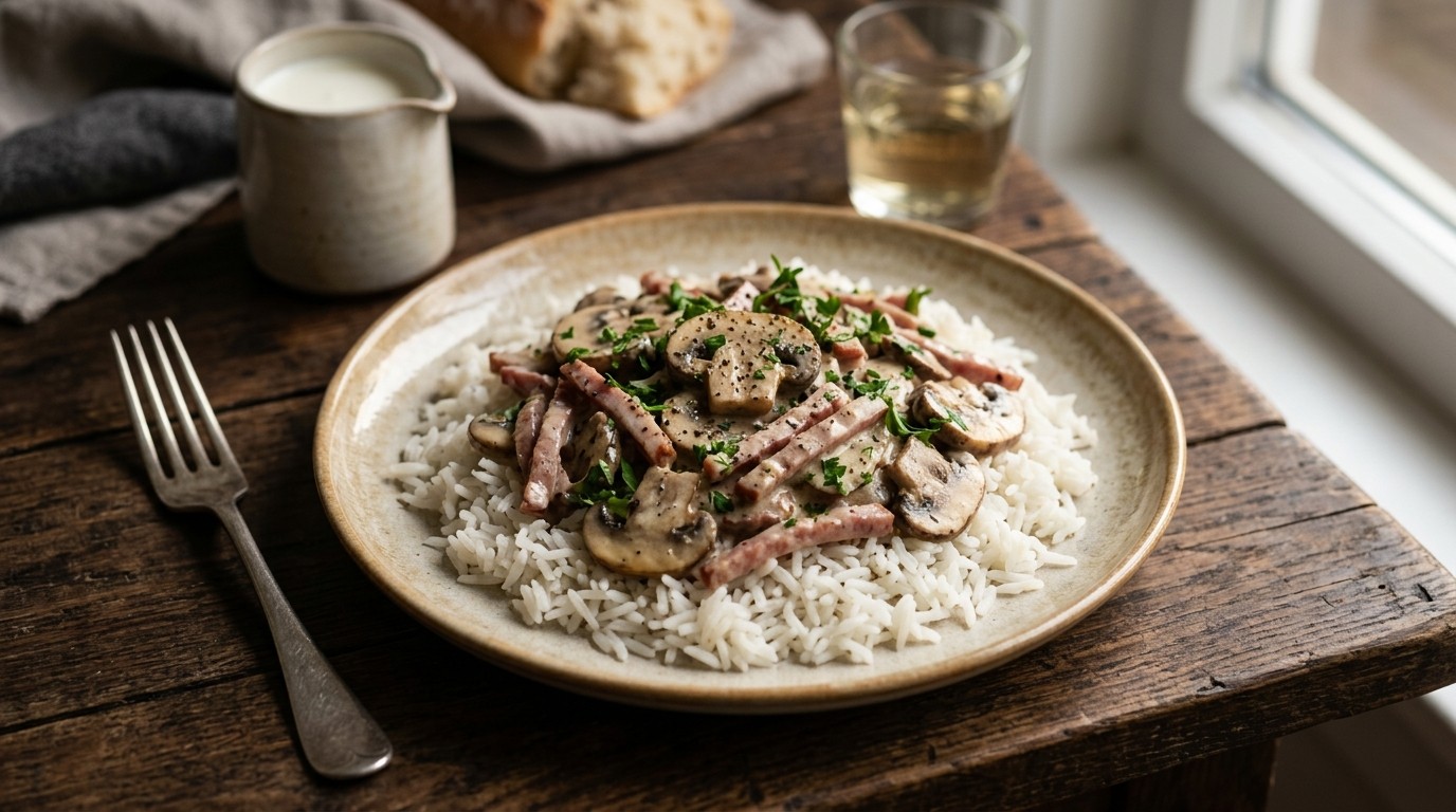 Romige Champignons met Salami en Rijst
