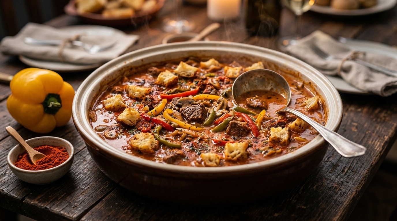 Romige Goulash met Croutons Voor Buffet