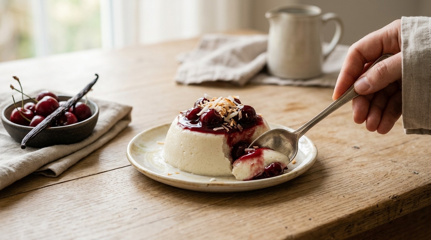 Romige Kokospudding met Kersen recept Romige Kokospudding met Kersen recept