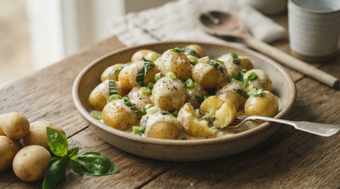 Romige Krielaardappeltjes met Lente-ui en Basilicum
