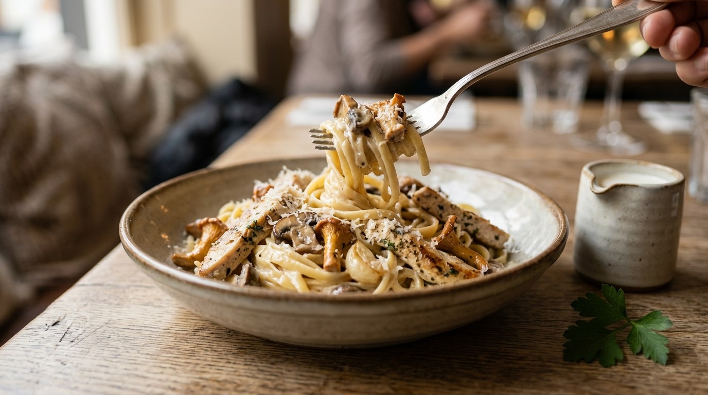 Romige Pasta met Champignons, Knoflook en Geraspte Parmezaan