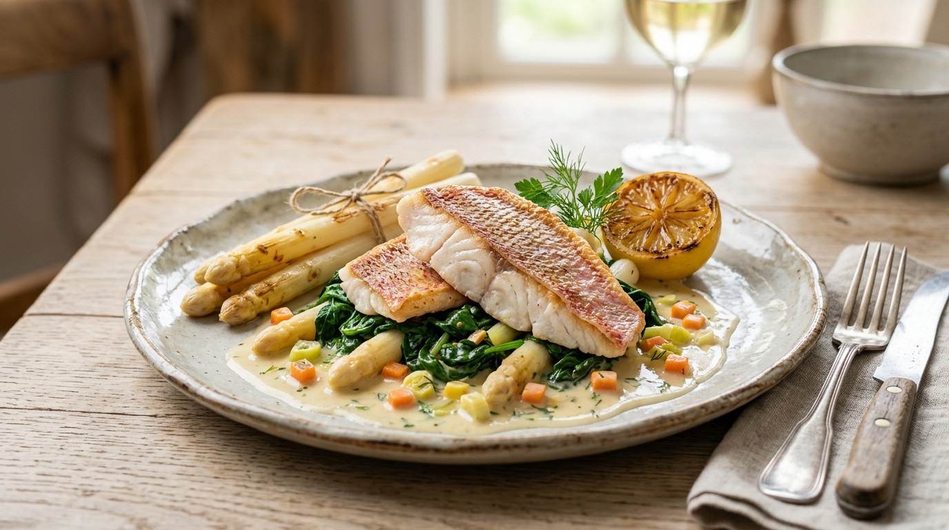 Roodbaars met Spinazie en Asperges recept Roodbaars met Spinazie en Asperges recept