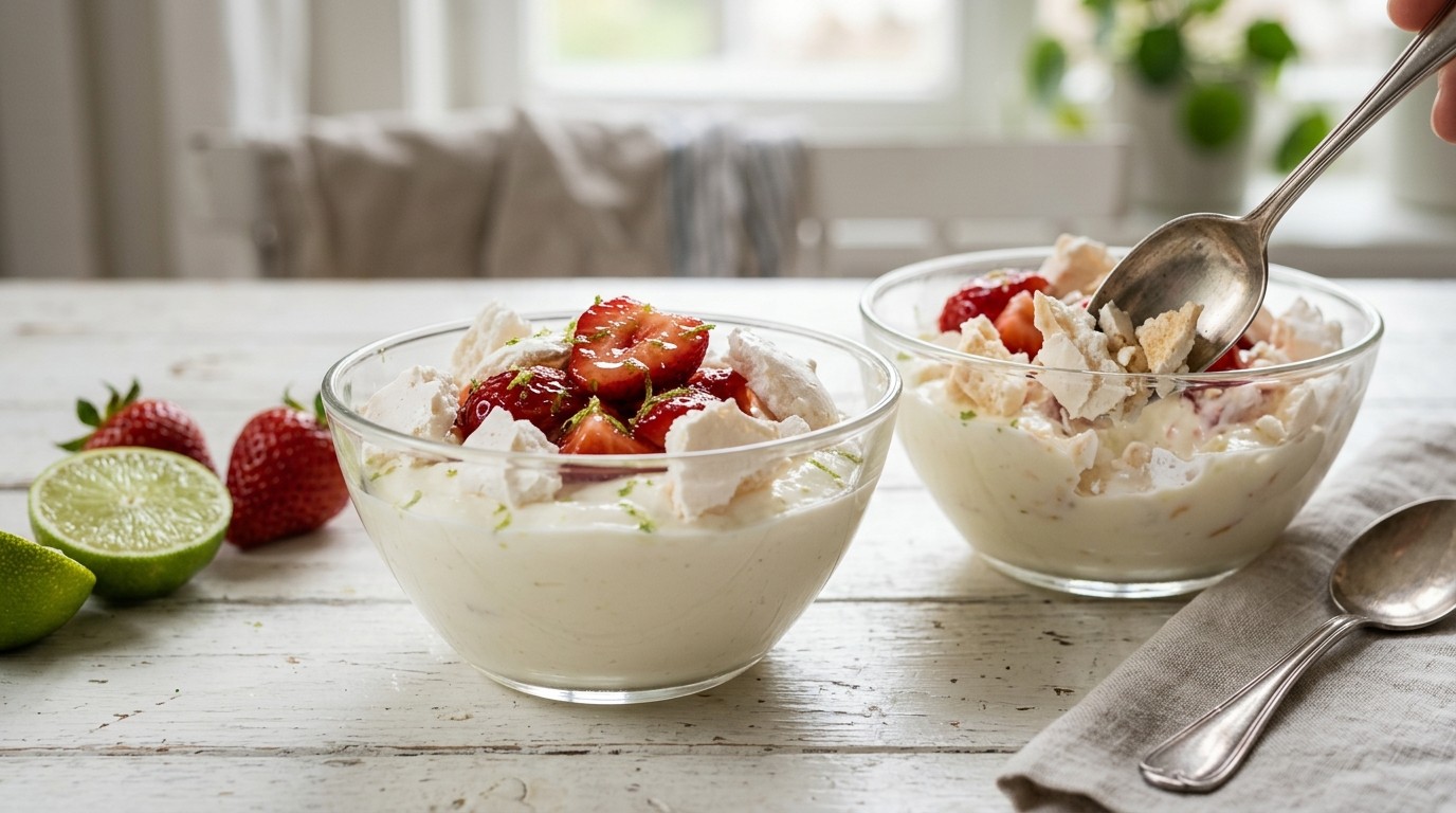 Roomyoghurt met Schuimkoekjes en Aardbeien