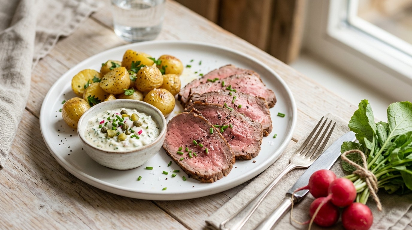 Rosbief met Bieslookremoulade en Krieltjes