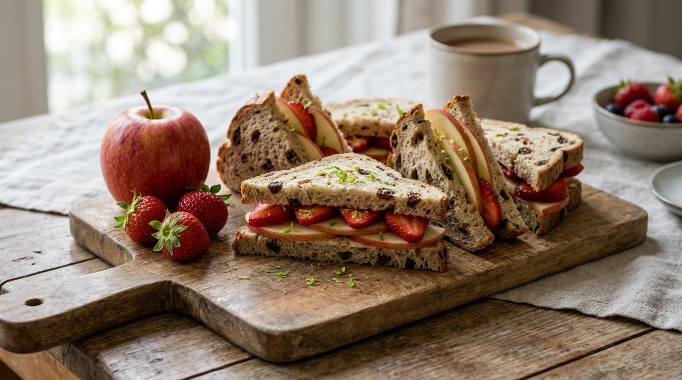 Rozijnenbroodsandwiches met Appel en Aardbeien