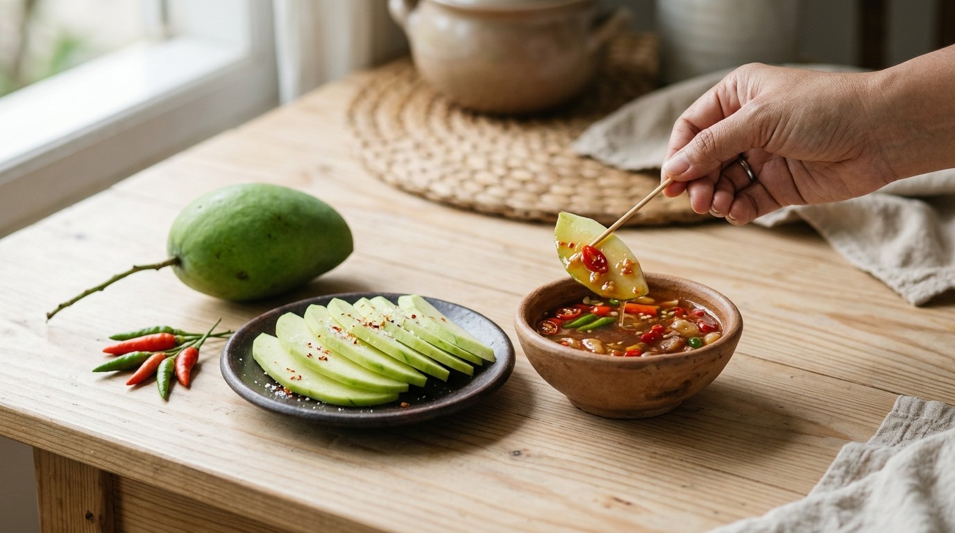 Rujak Kuah Pindang (mango met Vissaus)