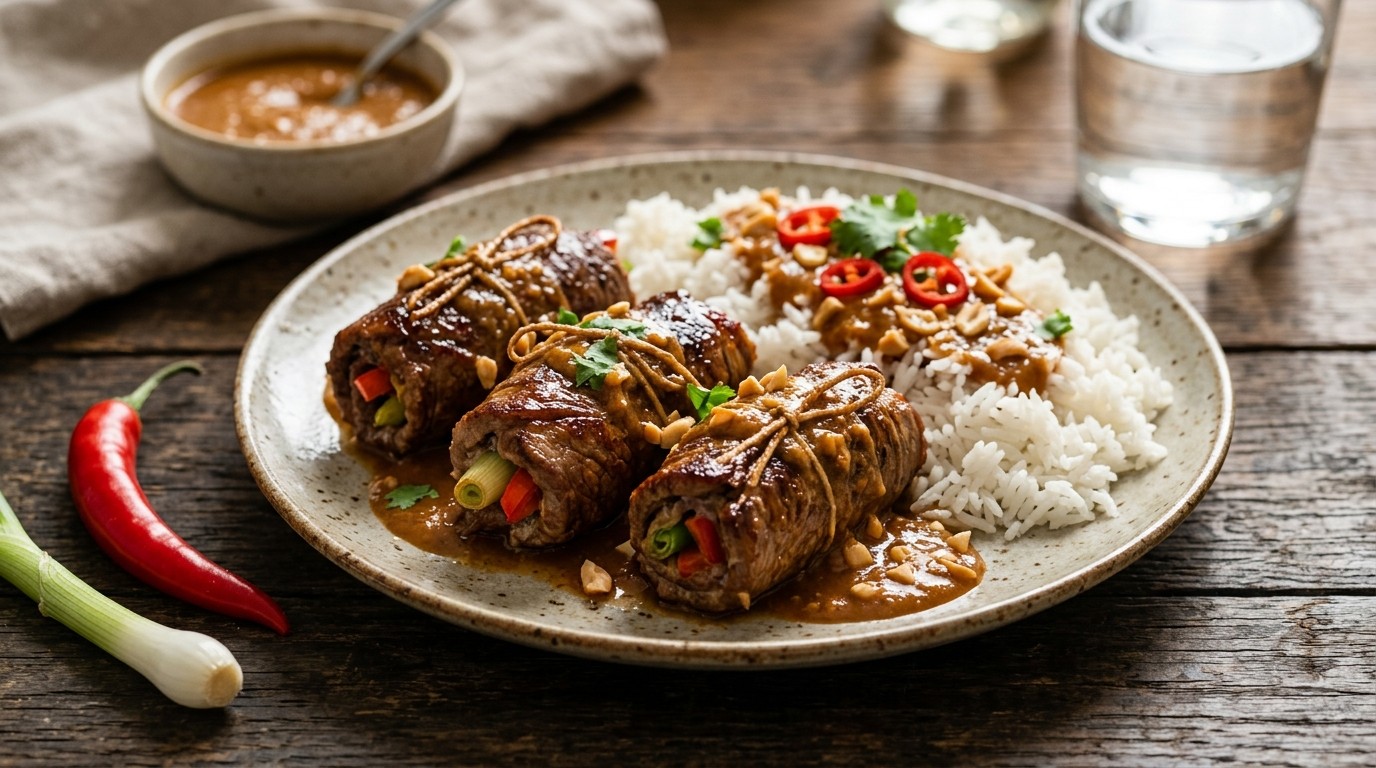 Runderlaprolletjes met Satésaus en Rijst