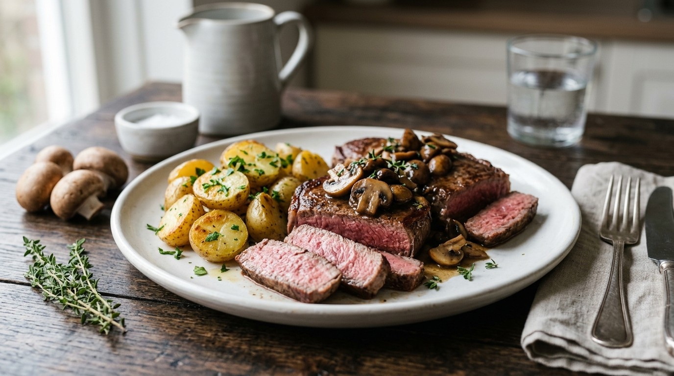 Rundersteaks met Champignons en Nieuwe Krieltjes recept Rundersteaks met Champignons en Nieuwe Krieltjes recept