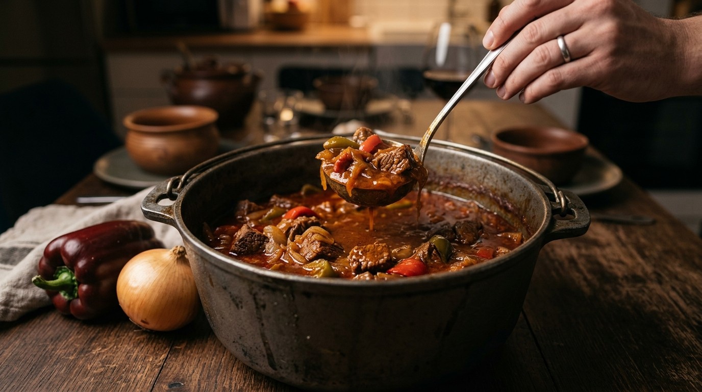 Rundvleesstoofschotel met ui en Paprika