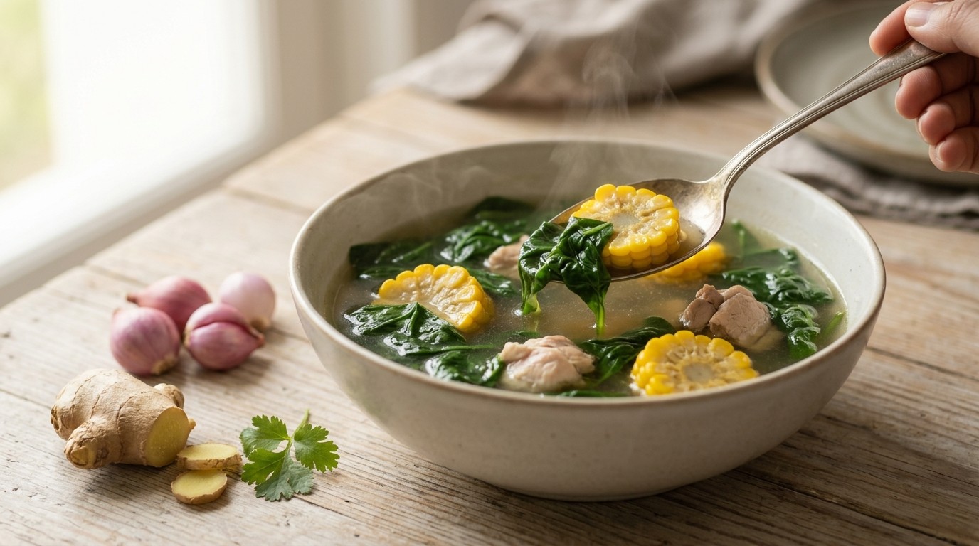 Sajoer Bening (bouillon met Kipfilet Spinazie en Mais)