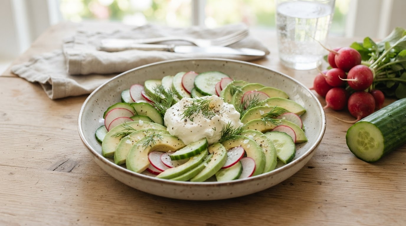 Salade Komkommer, Radijs, Advocado en Kwark