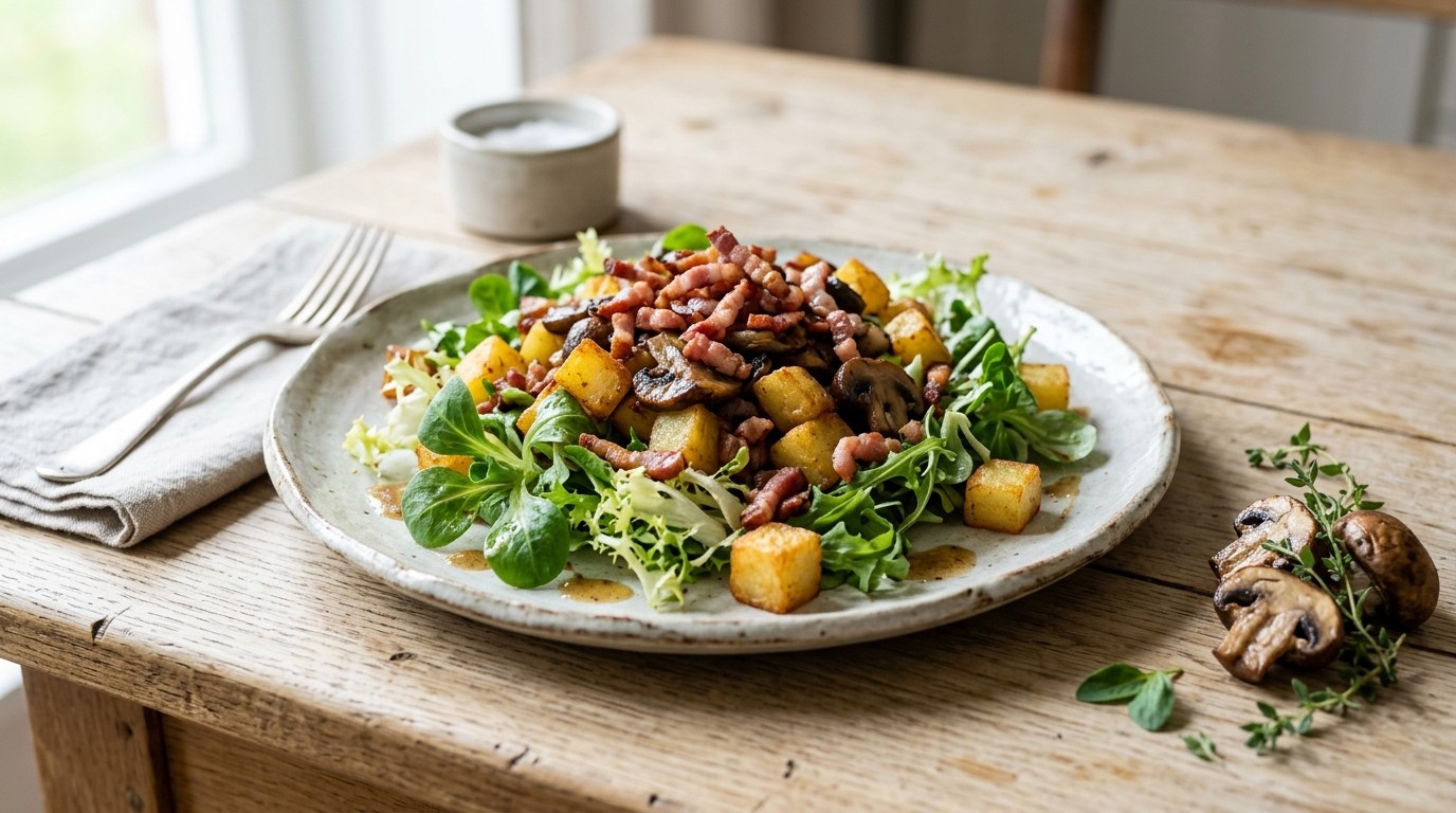 Salade met Aardappelblokjes, Champignons en Ontbijtspek