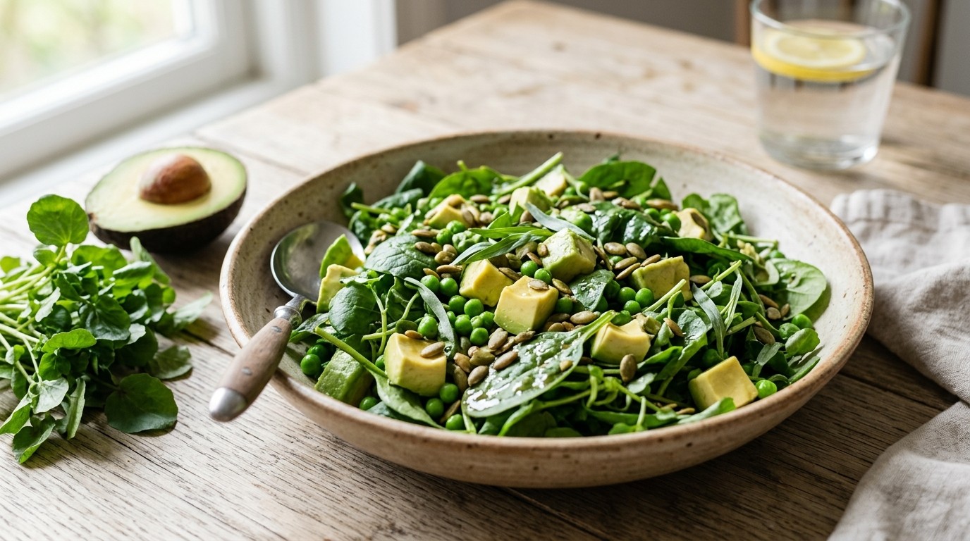 Salade met Avocado, Spinazie en Doperwten