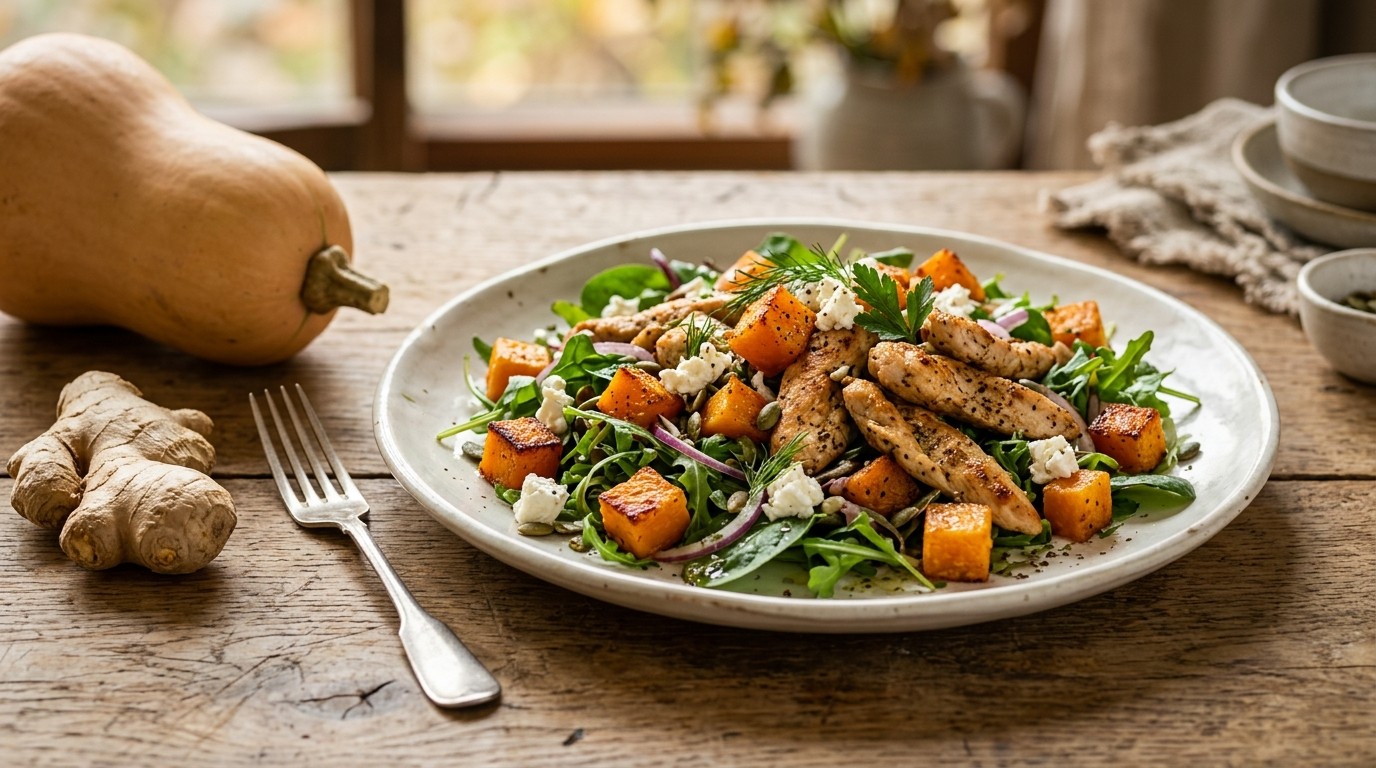 Salade met Gefrituurde Pompoen en kip