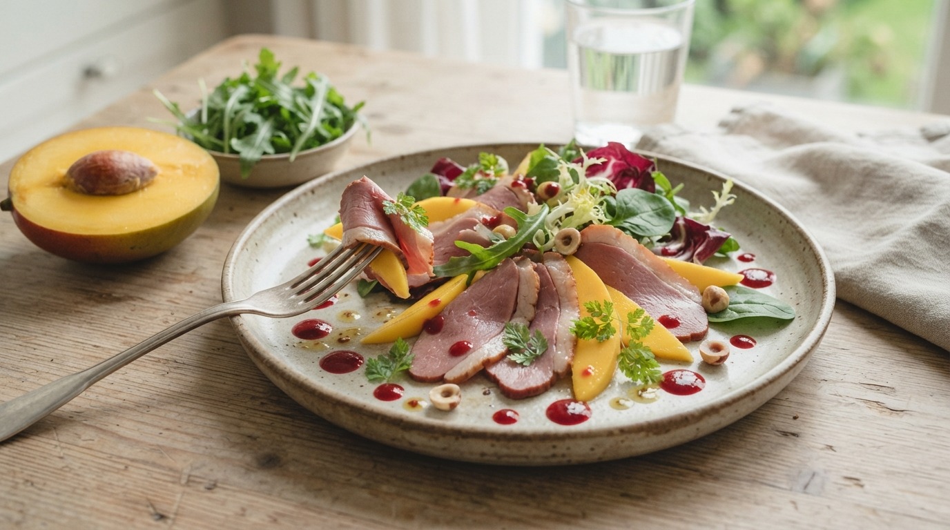 Salade met Gerookte Eendenham en Verse Mango recept Salade met Gerookte Eendenham en Verse Mango recept