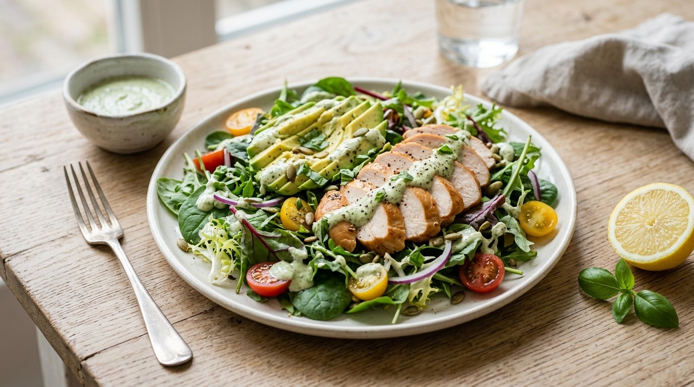 Salade met Gerookte kip, Avocado en Pesto- Yoghurtsaus recept Salade met Gerookte kip, Avocado en Pesto- Yoghurtsaus recept