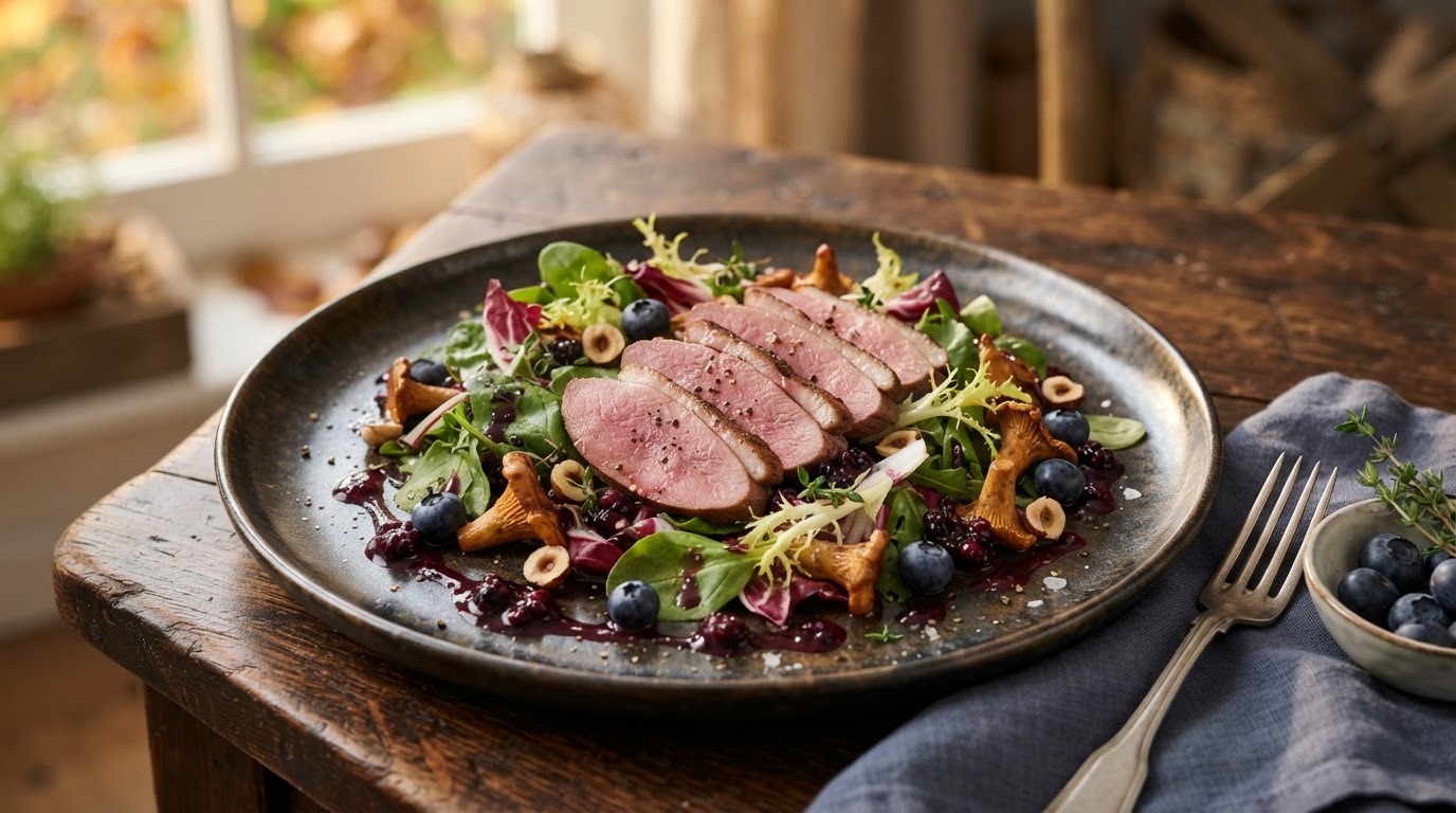 Salade met Wilde Duif, Paddestoelen en Bessenvinaigrette