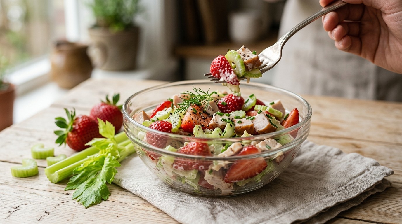 Salade van Aardbeien, Bleekselderij en Gerookte kip recept Salade van Aardbeien, Bleekselderij en Gerookte kip recept