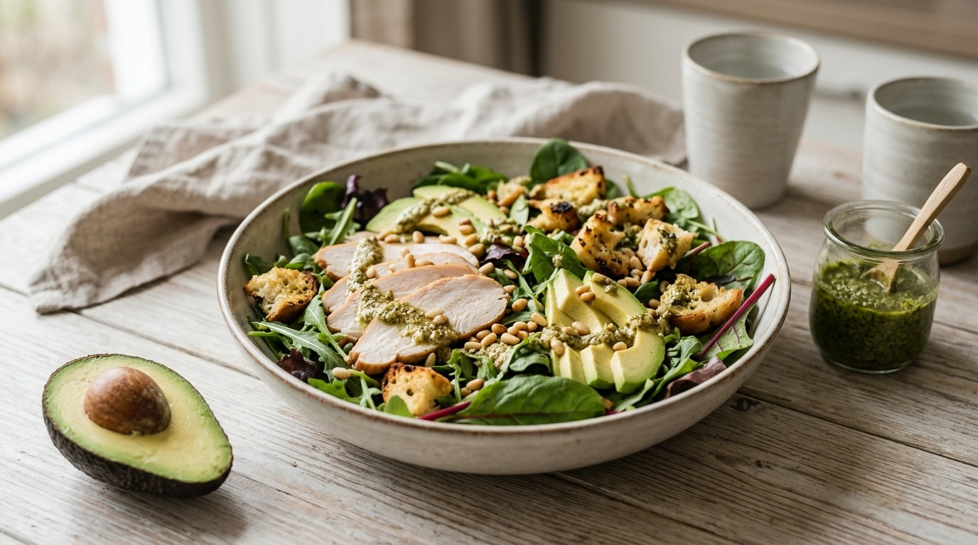 Salade van Gerookte kip met Avocado en Croutons