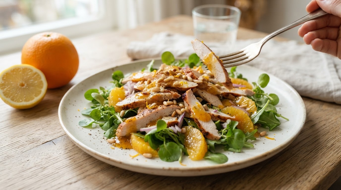 Salade van Gerookte kip met Sinaasappeldressing