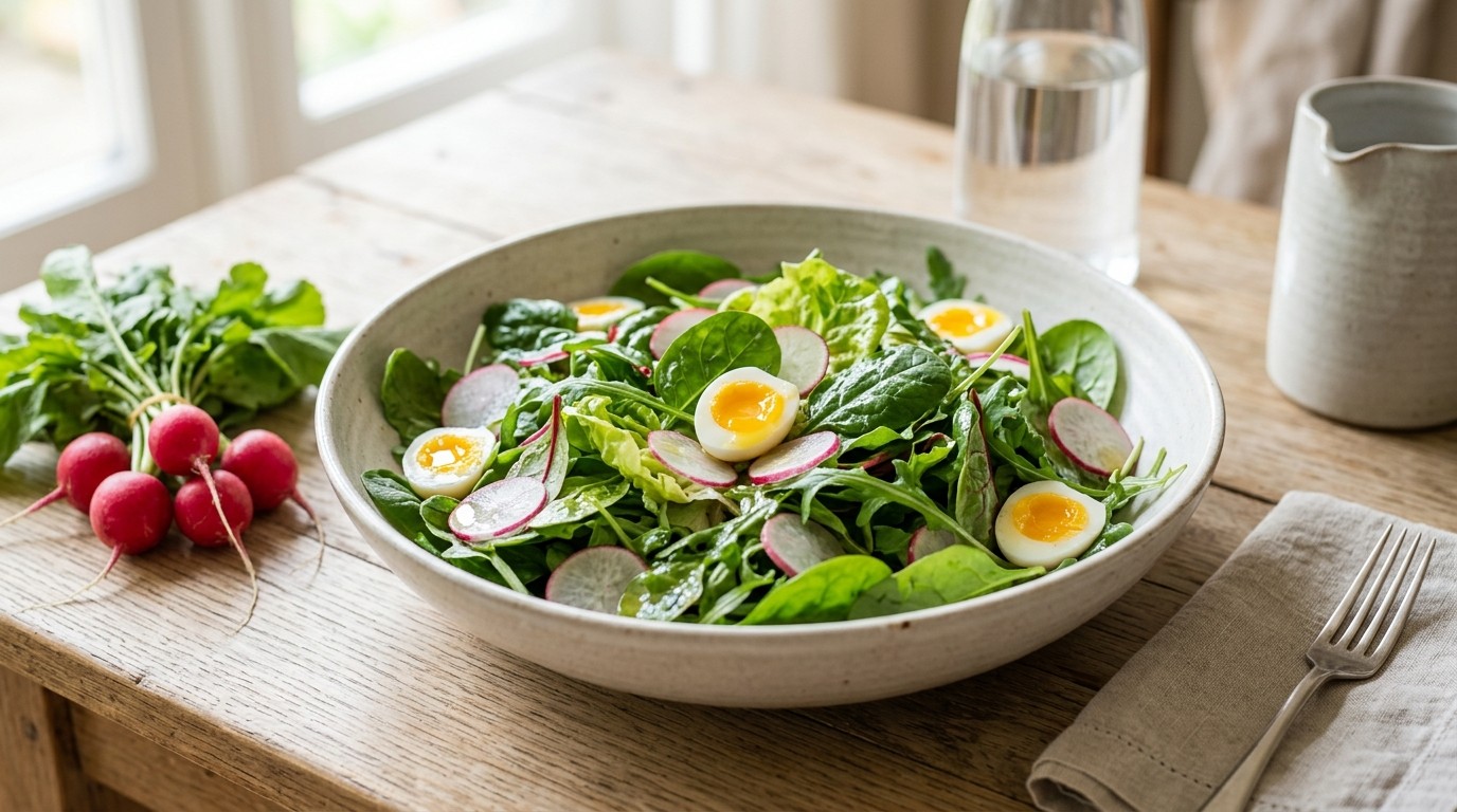 Salade van Jonge Slablaadjes, Radijs en Kwarteleitjes