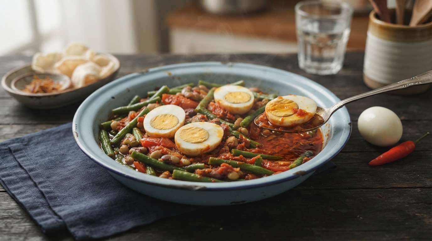 Sambal Goreng Boncis Telor (zeer Pittig Gekruide Eieren met Groenten)