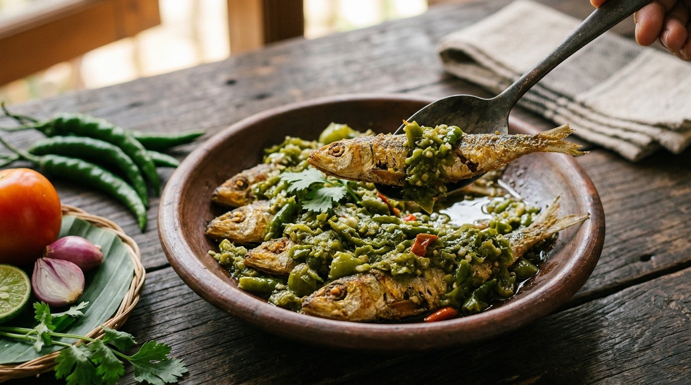 Sambal Ikan Cabe Hijau (gebakken Sardientjes in Hete Saus)