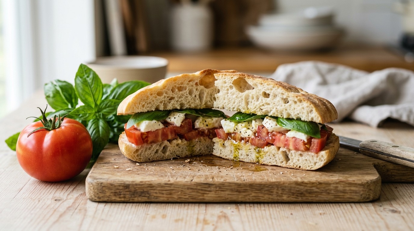 Sandwich met Tomaat, Mozzarella en Basilicum