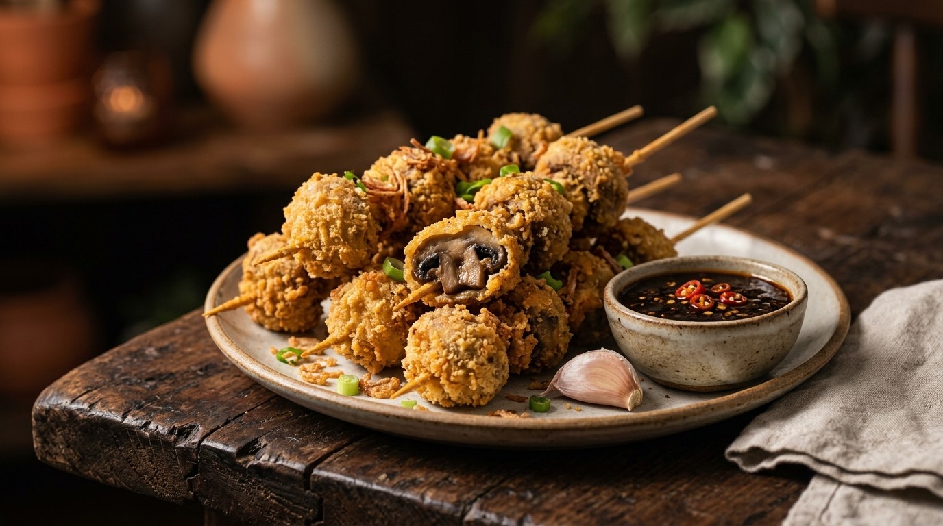 Saté Jamur Goreng Renyah (saté van Champignons in een Jasje) recept Saté Jamur Goreng Renyah (saté van Champignons in een Jasje) recept