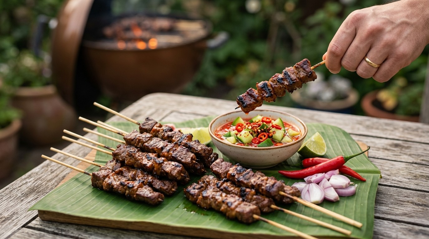 Sate Sapi Dengan Mentimun Pedas (rundersaté met Pittig Gekruide Komkommersaus)