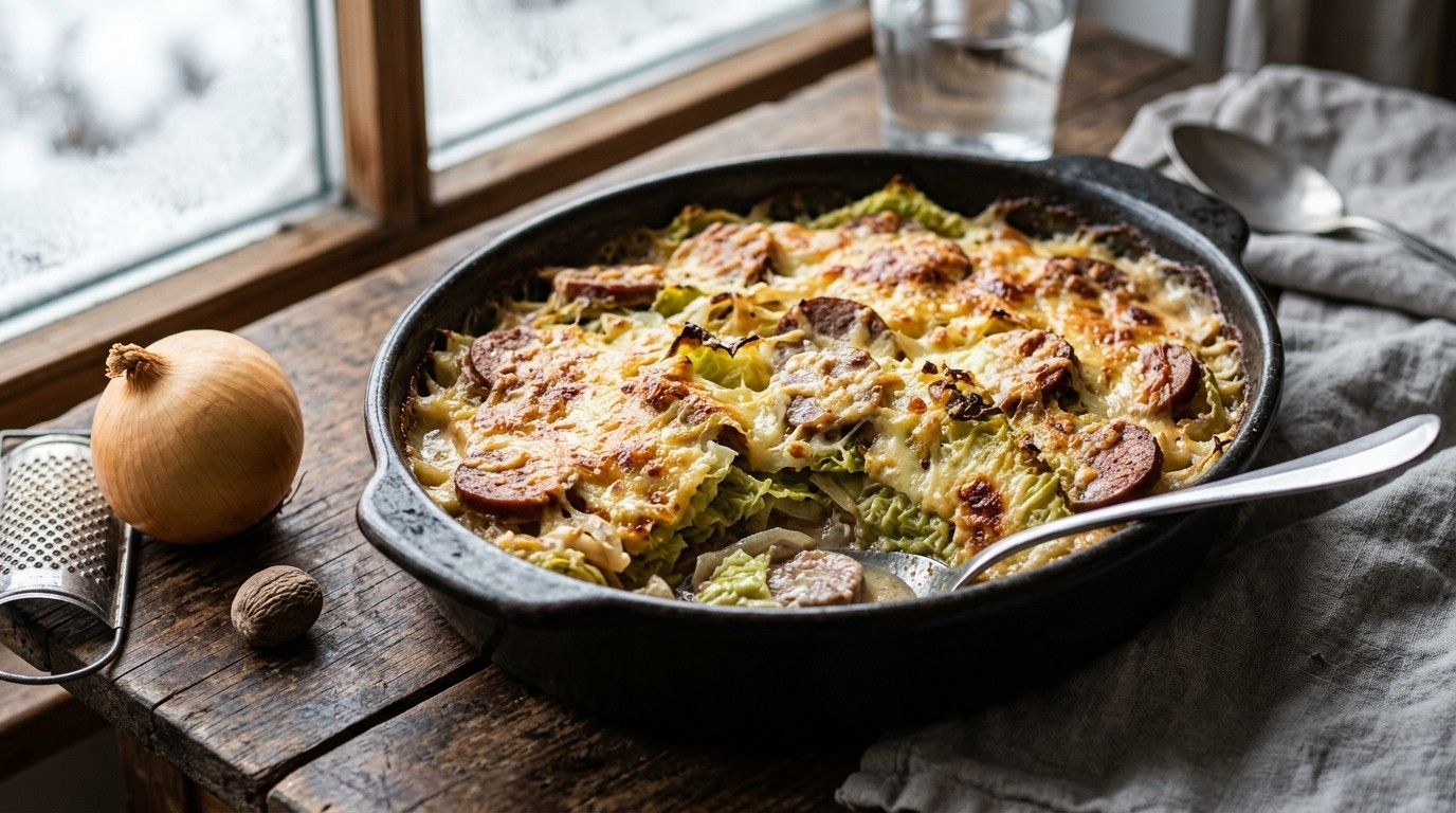 Savooiekoolgratin met Leverworst