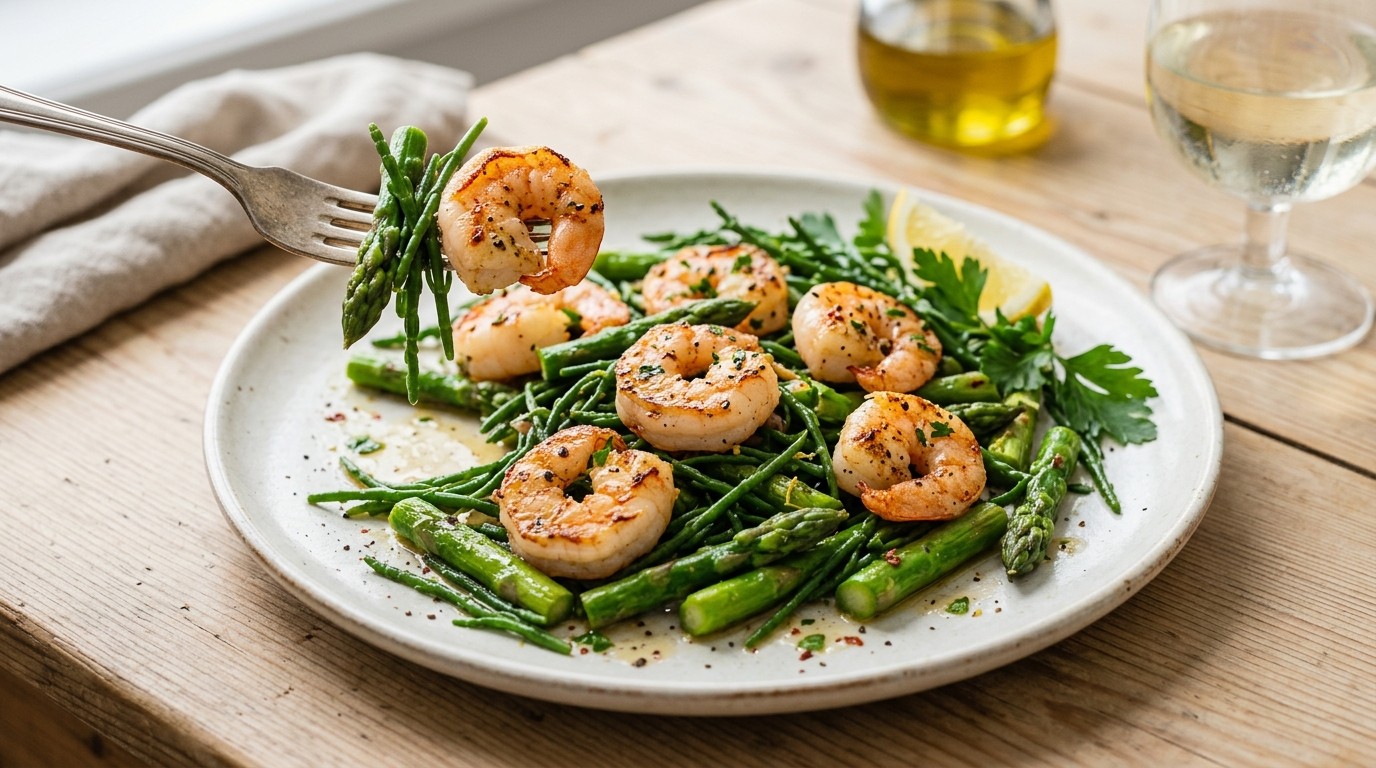 Scampi met Geroerbakte Asperges en Zeekraal