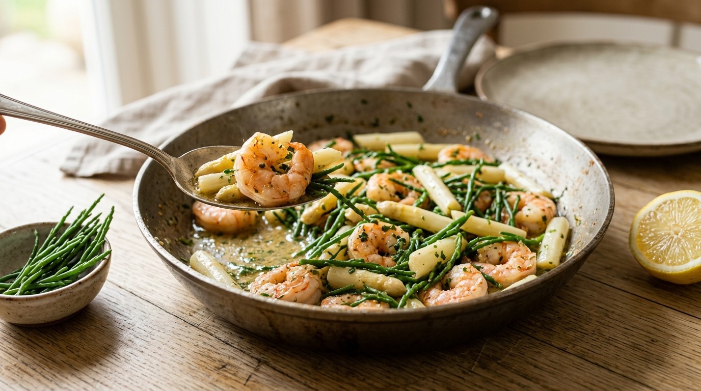 Scampi met Geroerbakte Asperges en Zeekraal