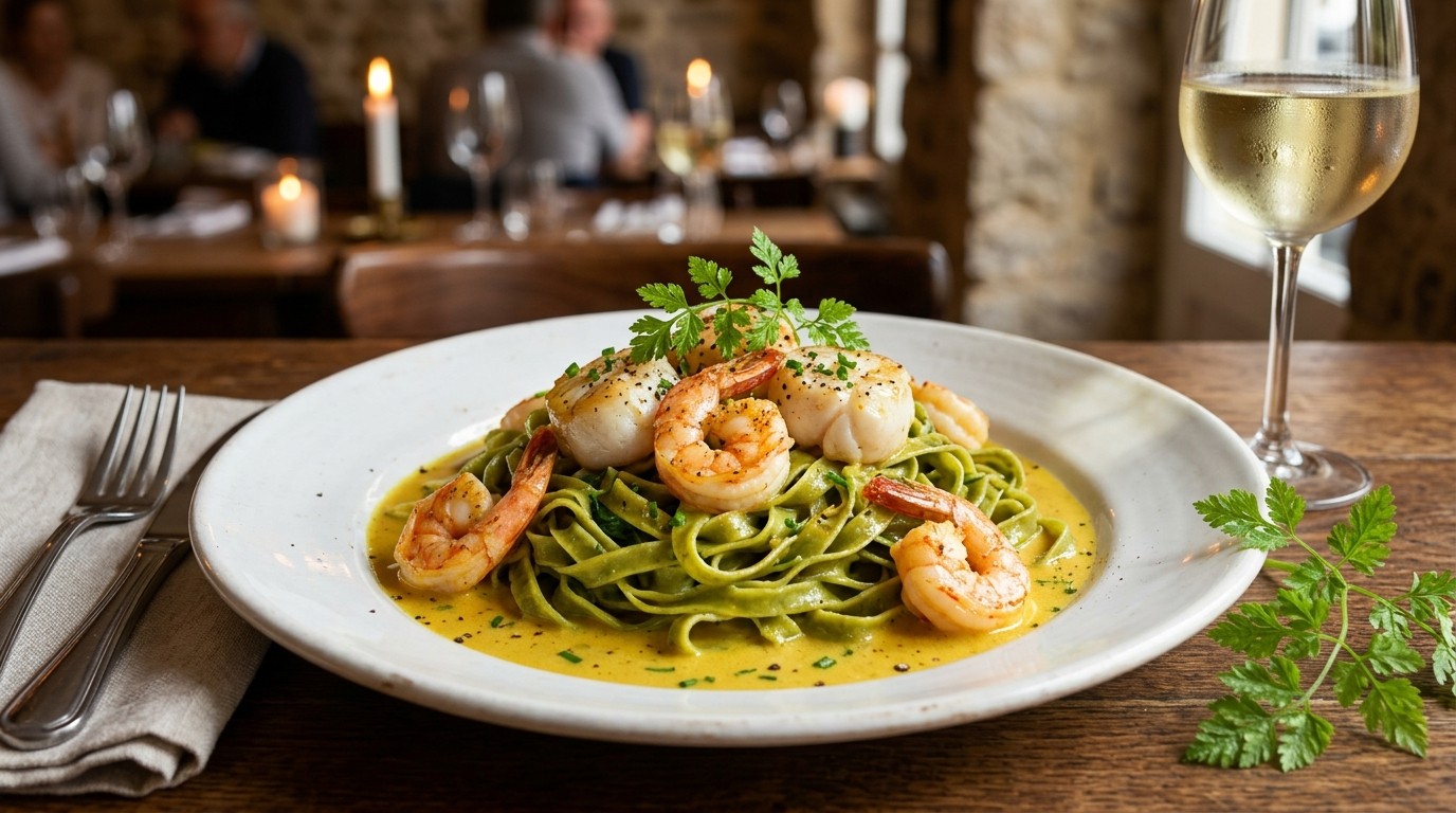 Scampi met Zeeduivel en Kerriesaus