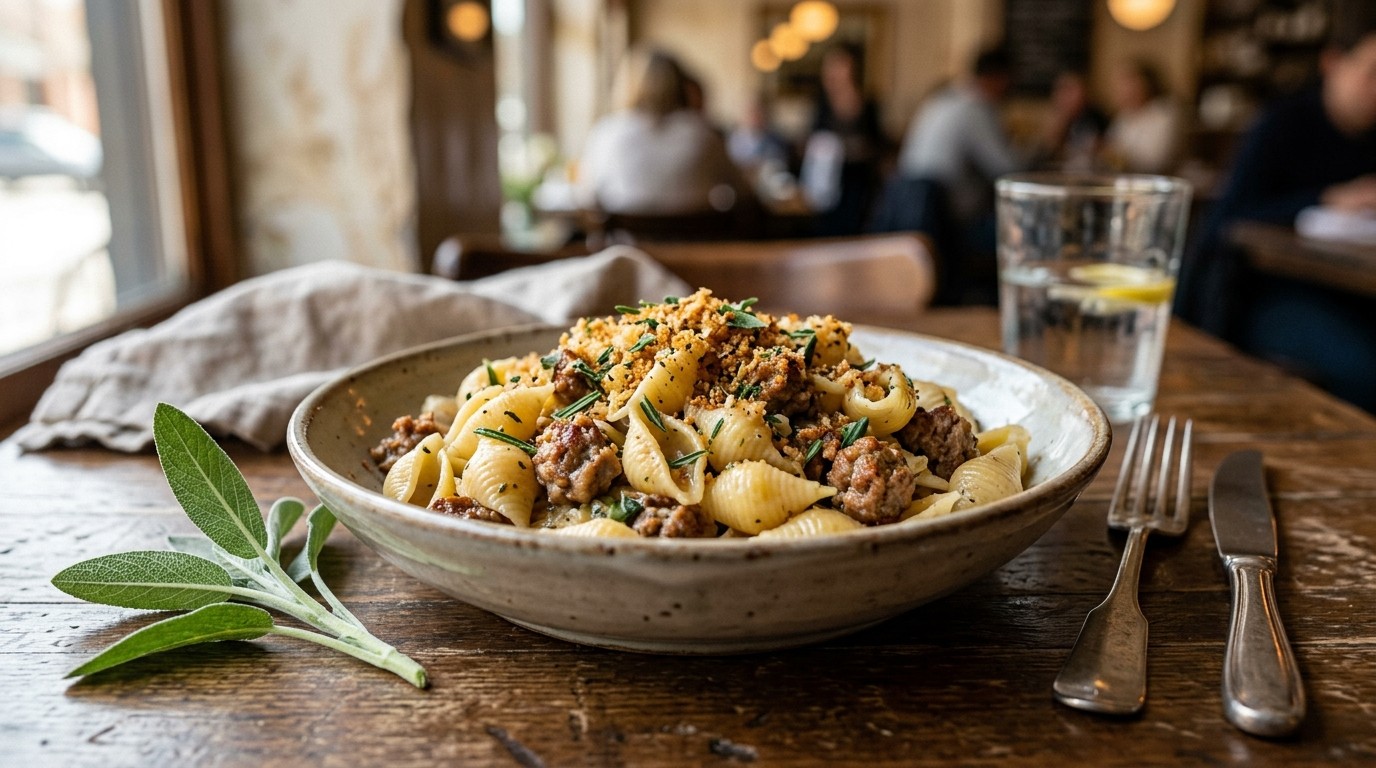 Schelpjespasta met Worst en Mosterd