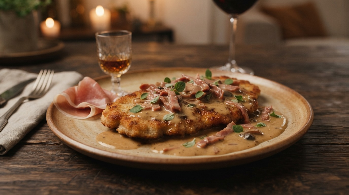 Schnitzel met ham in Room-cognacsaus recept Schnitzel met ham in Room-cognacsaus recept