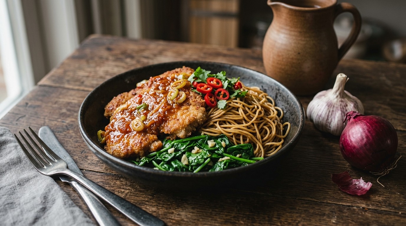 Schnitzeltjes met Sambalbadjaksaus en Spinazie