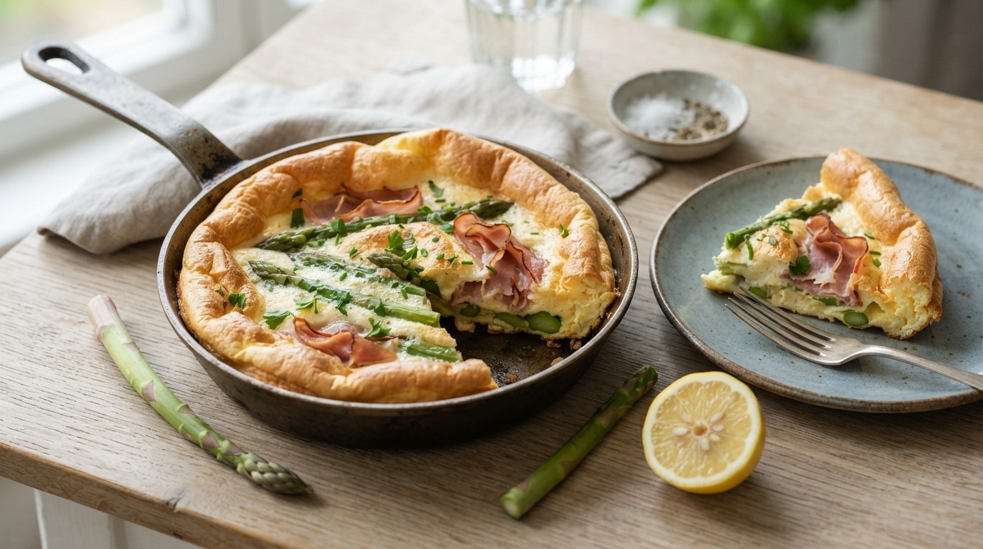 Schuimomelet met ham en Groene Asperges