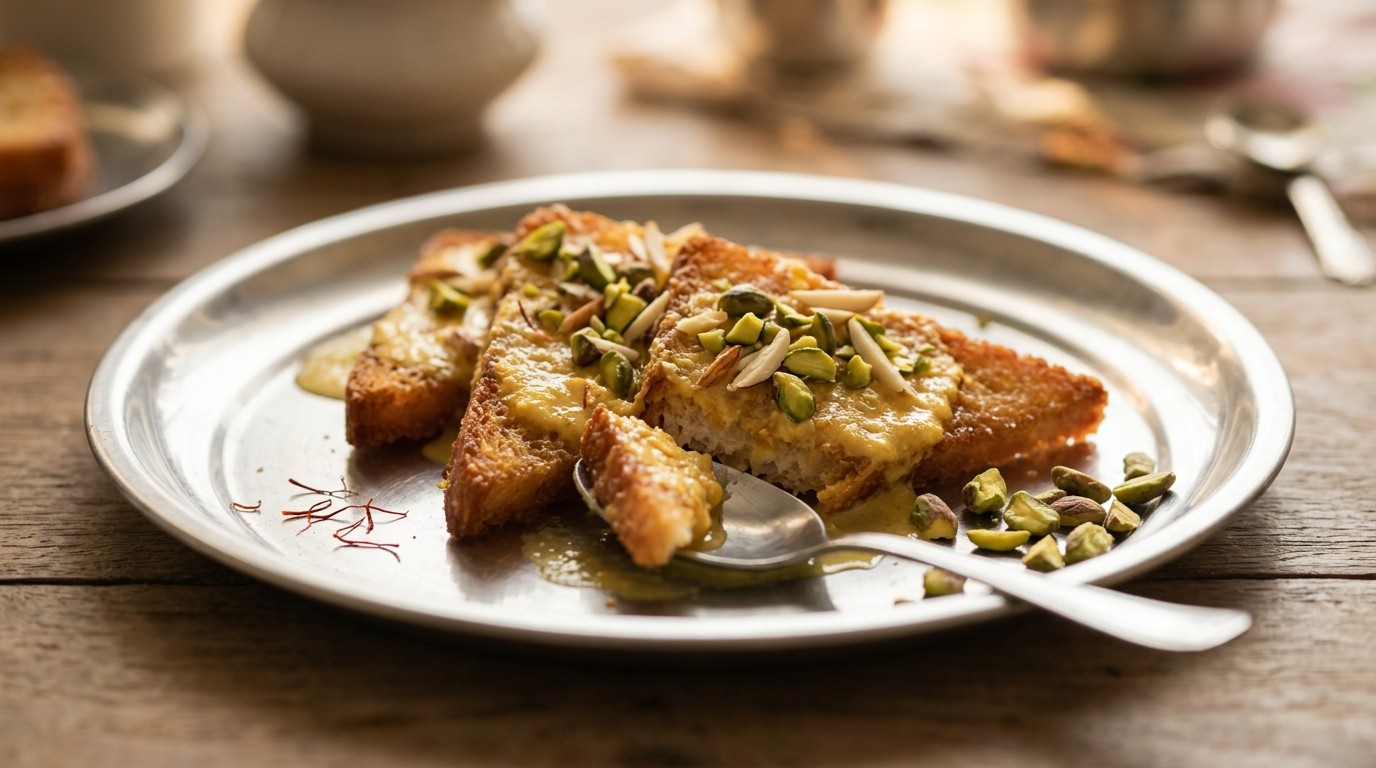 Shahitukra (gebakken Brood in Saffraan-pistachesaus)