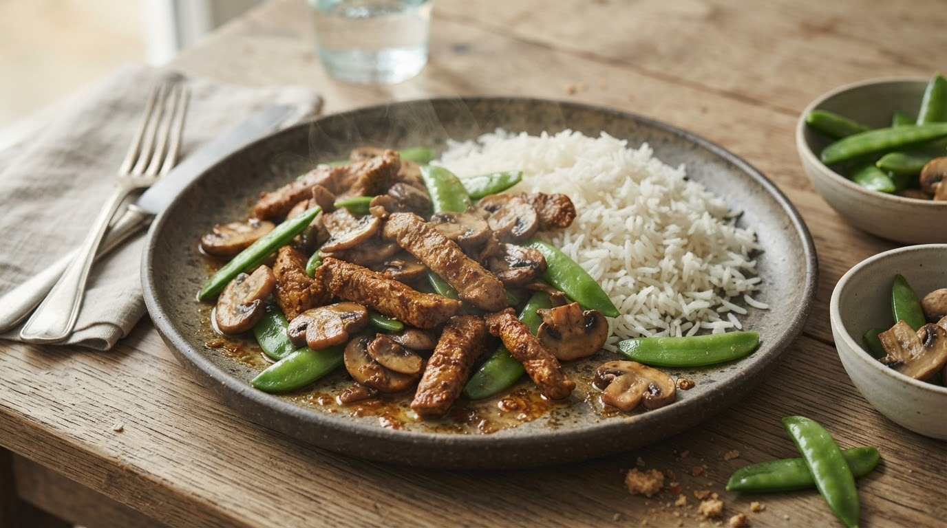 Shoarmavlees met Champignons, Sugar Snaps en Rijst