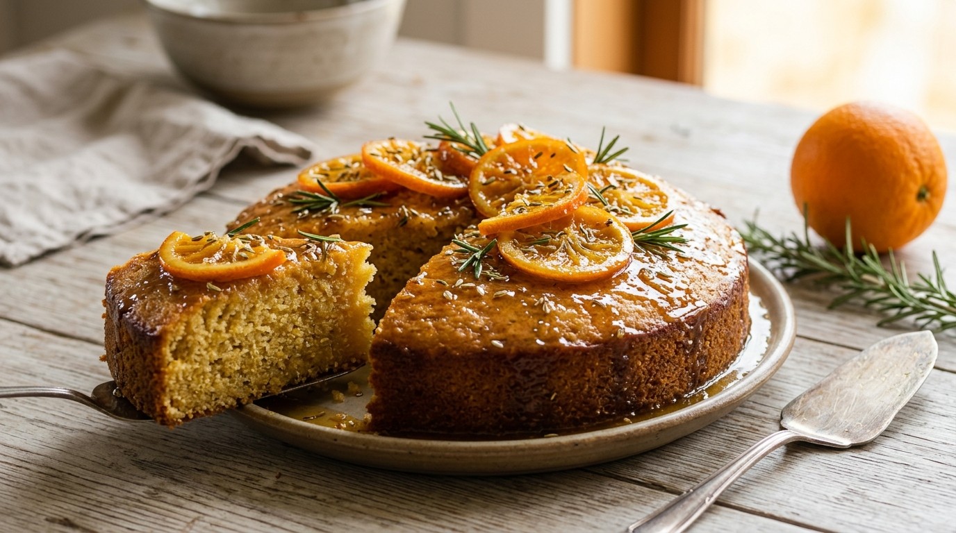 Sinaasappel & Griesmeel Cake met Venkel/rozemarijnsiroop